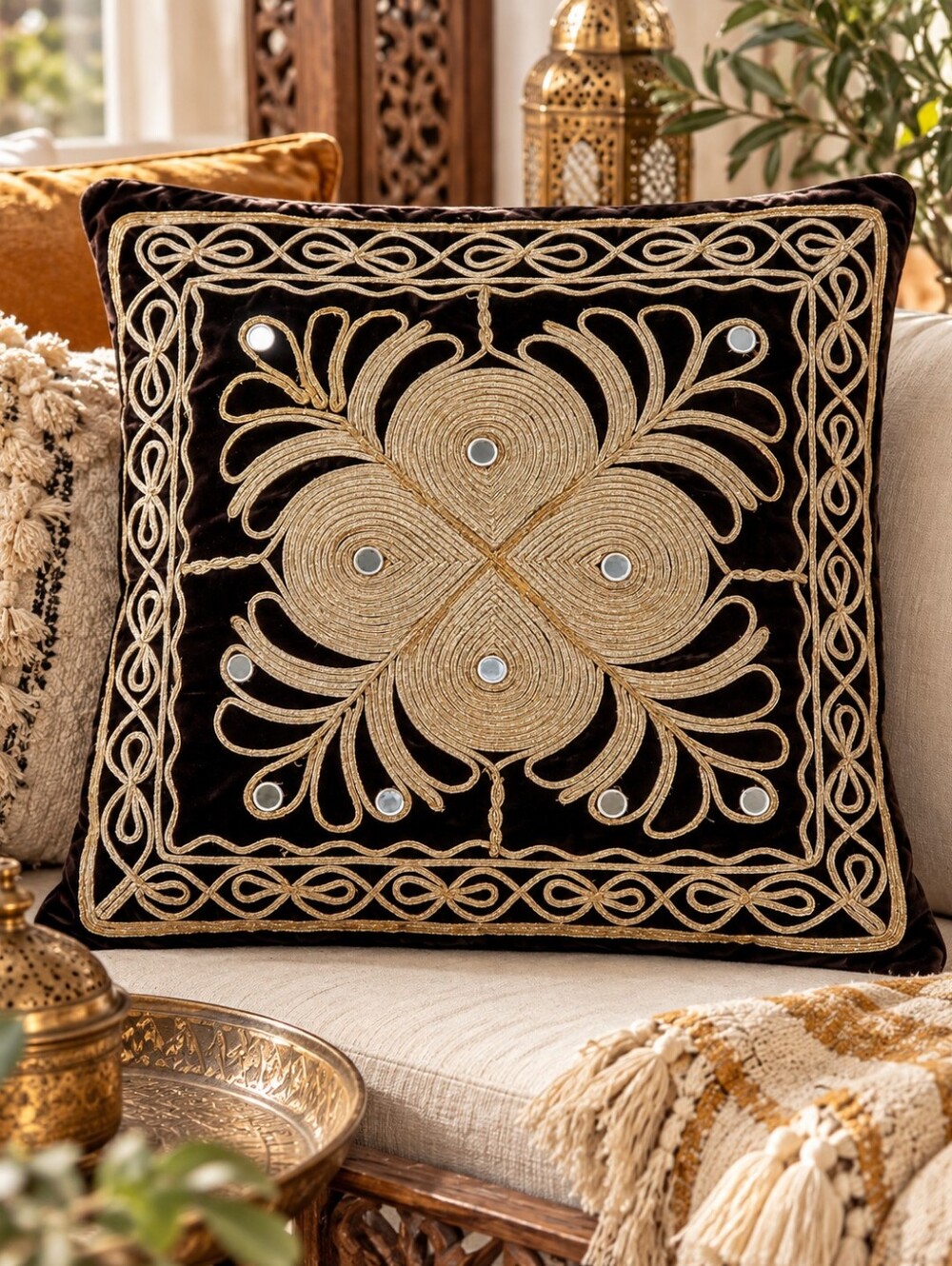 Vintage Velvet Embroidered Pillow Cover Gold Soutache Mirror Work Brown 17x17